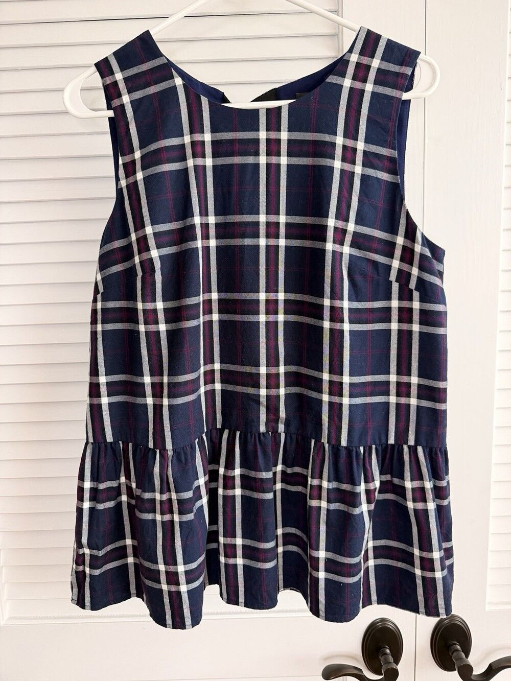Halogen Plaid Peplum Top Medium Navy Burgundy Sleeveless Cotton